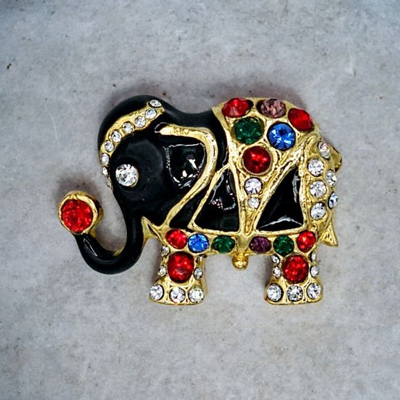 Vintage Jeweled Elephant Brooch Black Enamel Indian Asian Gold Tone Jewelry Pin - Picture 10 of 10